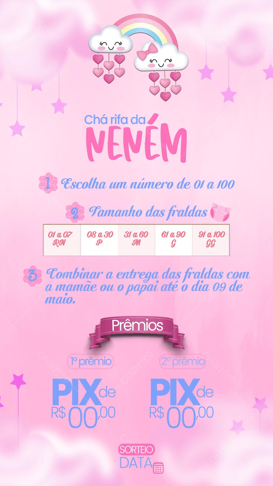 Flyer Chá de Bebê com Nuvens e Arco-íris PSD Editável