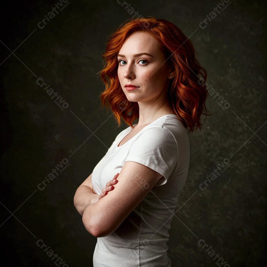Mulher ruiva de braços cruzados fundo escuro