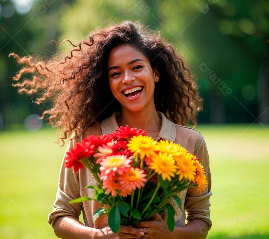 Mulher negra alegre com buquê de flores