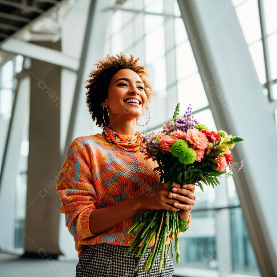 Mulher negra alegre com buquê colorido