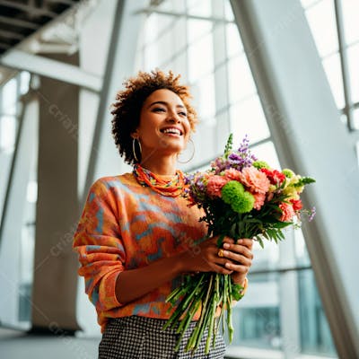 Mulher feliz com um buquê de flores