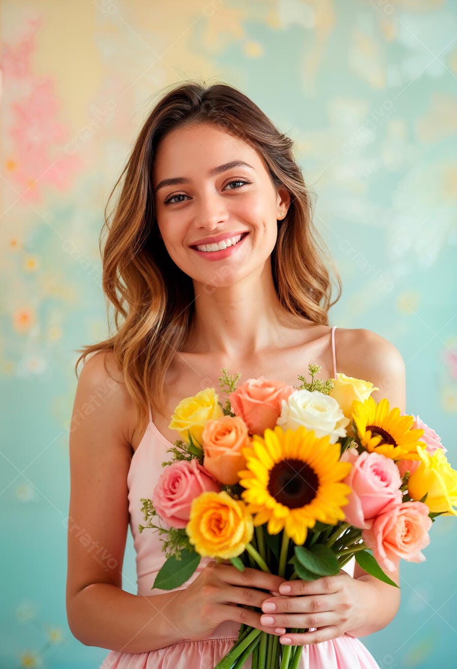 Mulher sorridente segurando buquê de rosas e girassóis