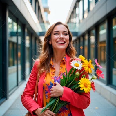 Mulher feliz com um buquê de flores