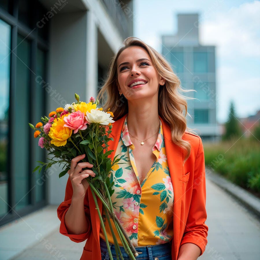 Mulher sorridente com buquê de flores coloridas