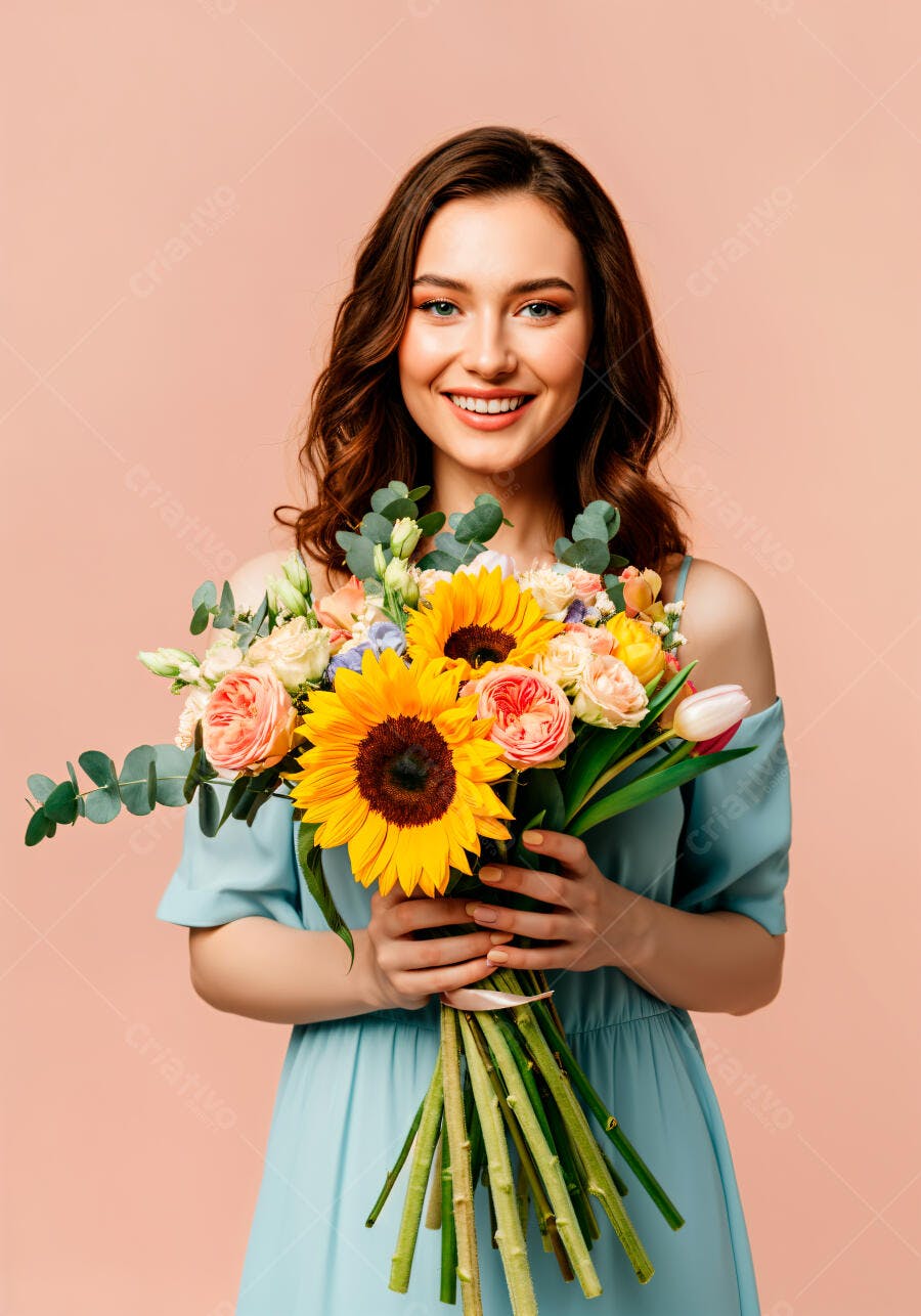 Mulher sorridente segurando buquê de girassóis