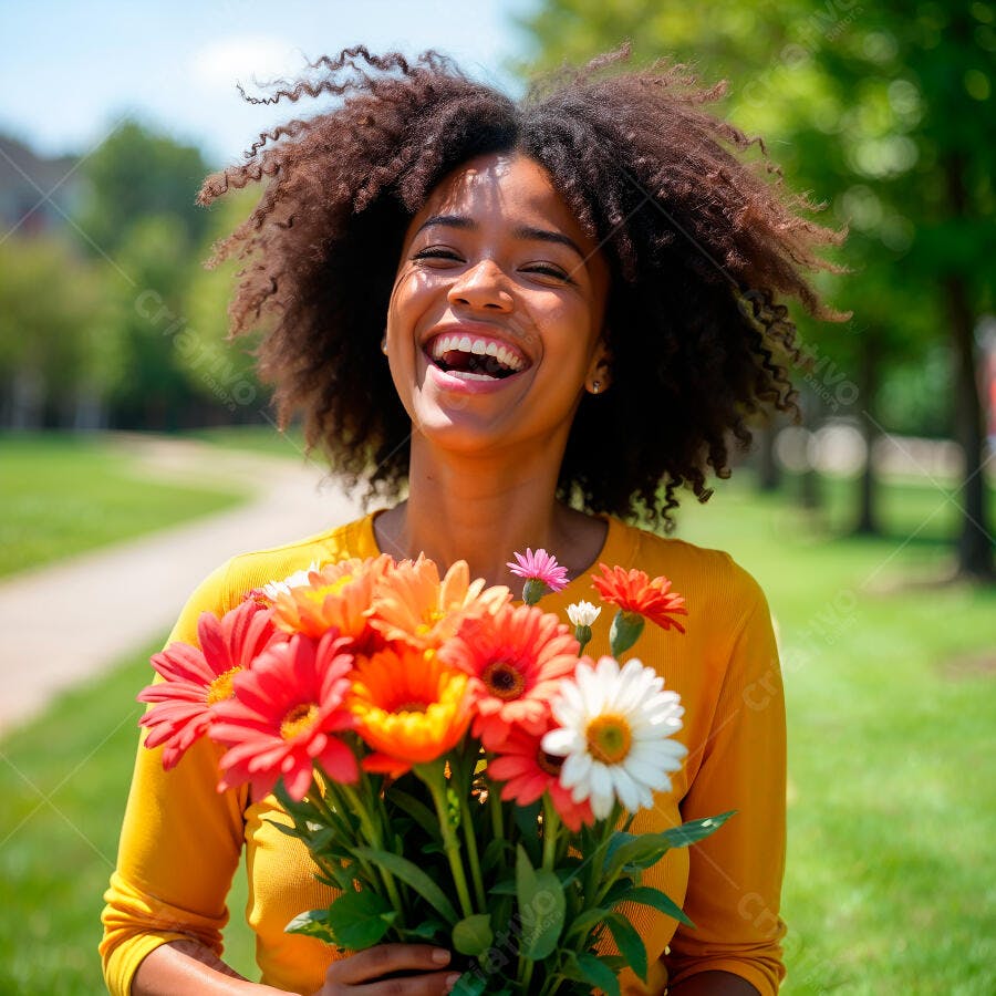 Mulher negra feliz com buquê de flores coloridas num parque