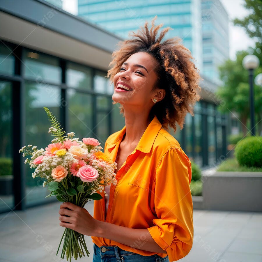 Mulher feliz com buquê de flores na cidade