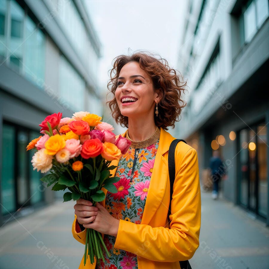Mulher sorridente com buquê de flores coloridas na cidade