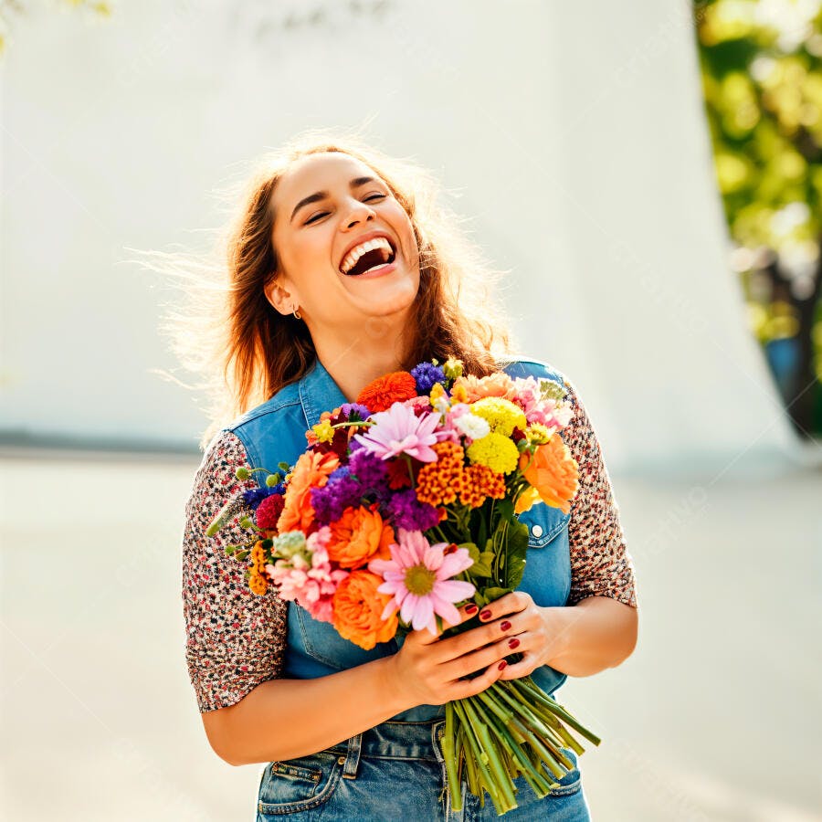 Mulher feliz com buquê de flores vibrantes