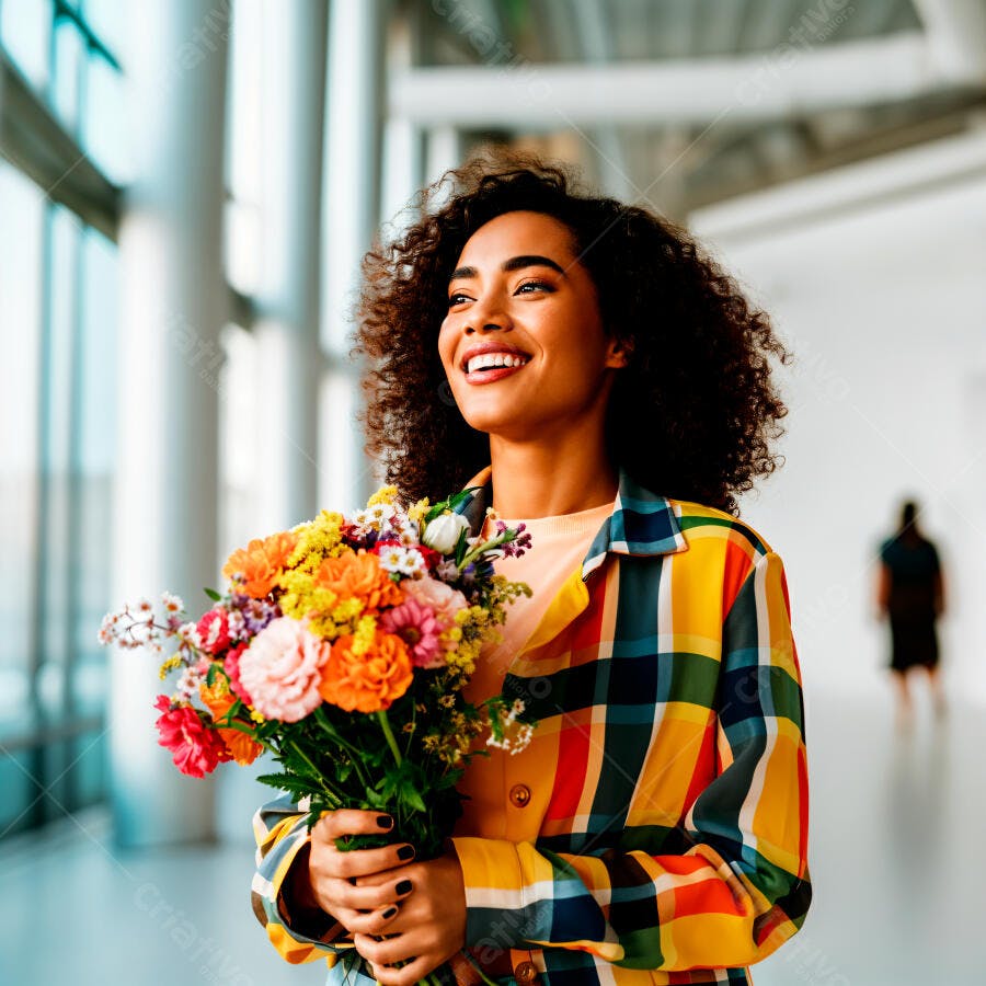 Mulher feliz com buquê de flores coloridas