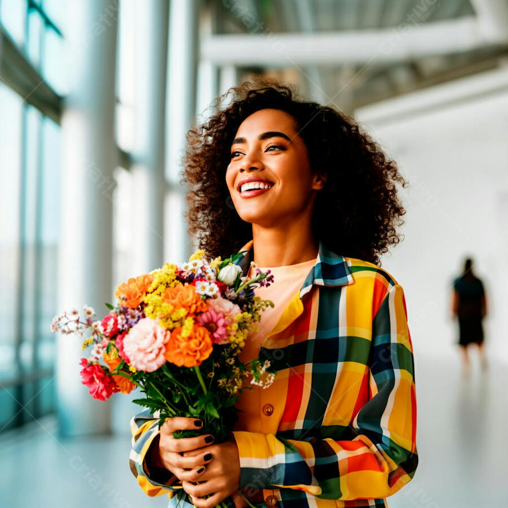 Mulher feliz com um buquê de flores