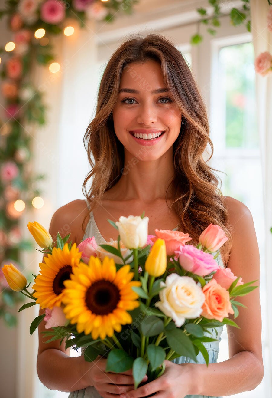 Mulher sorridente segurando buquê de flores