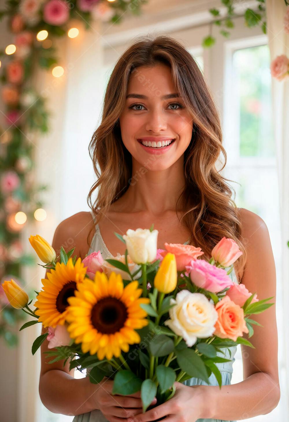 Mulher feliz com um buquê de flores
