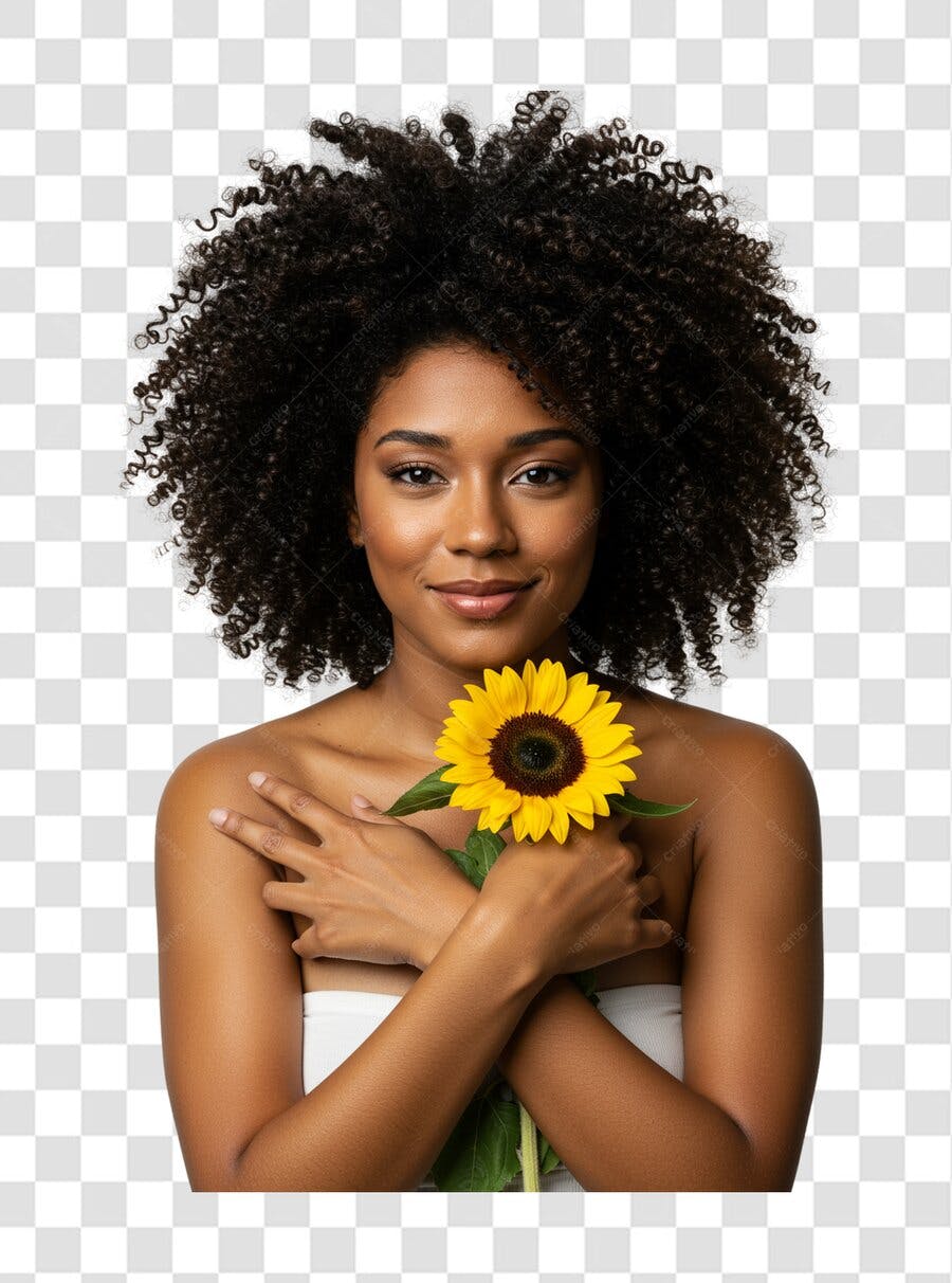 Imagem PNG mulher negra com girassol fundo transparente
