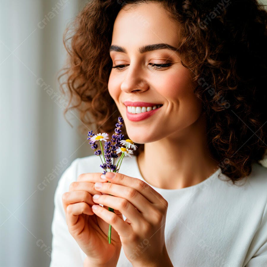 Mulher sorrindo cheirando flores lavanda e margarida