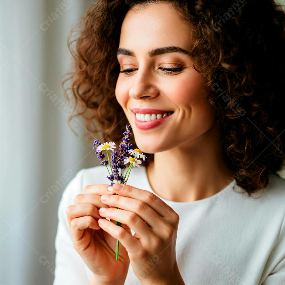 Jovem mulher feliz com uma linda flor 