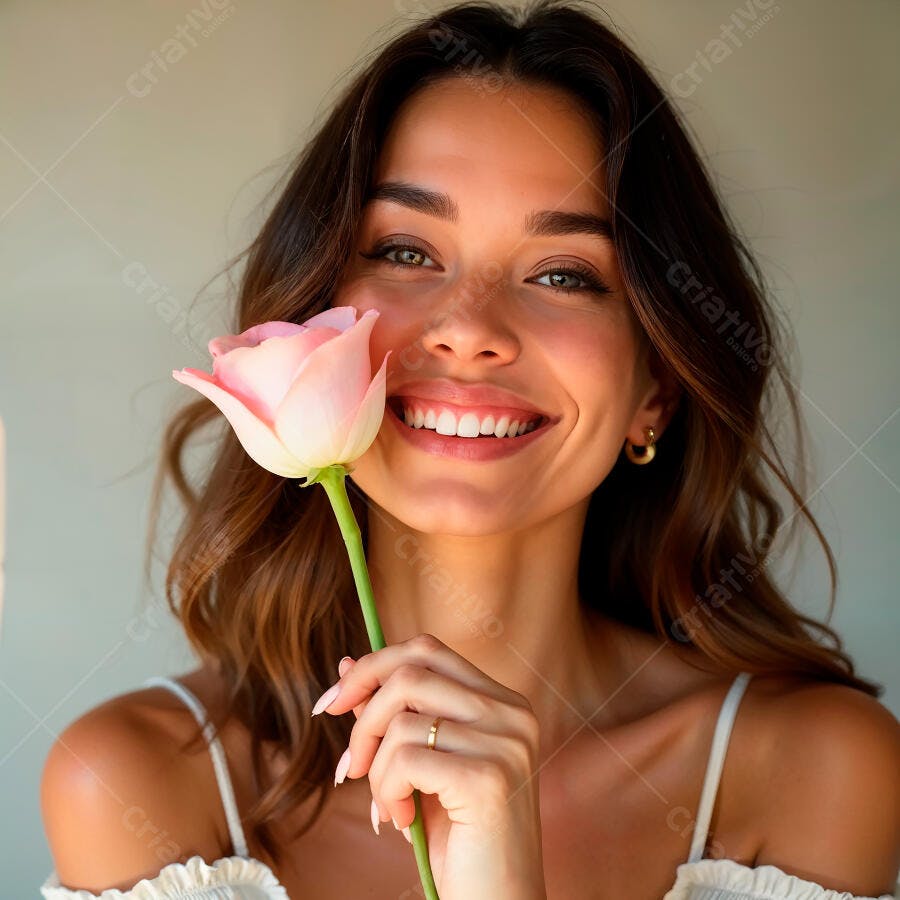 Mulher sorridente segurando rosa rosa