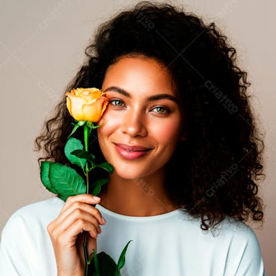 Jovem mulher feliz com uma linda flor 
