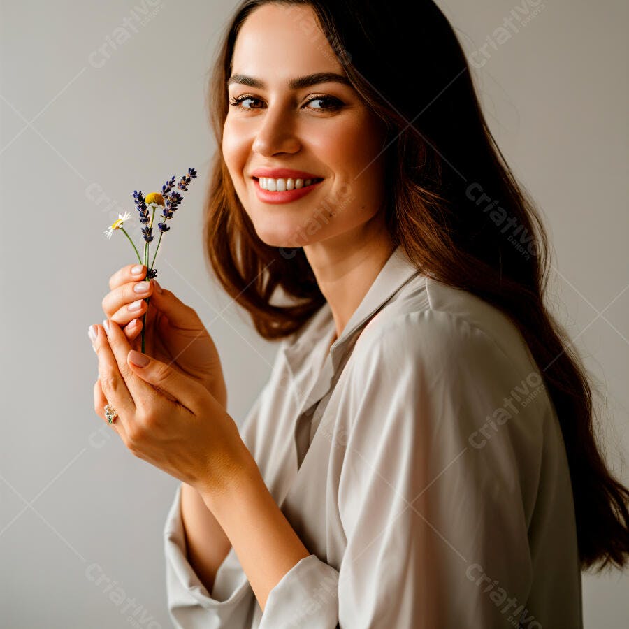 Mulher sorrindo segurando flores lavanda