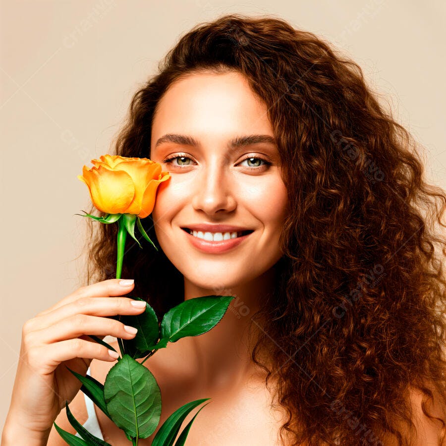 Mulher sorridente segurando rosa amarela