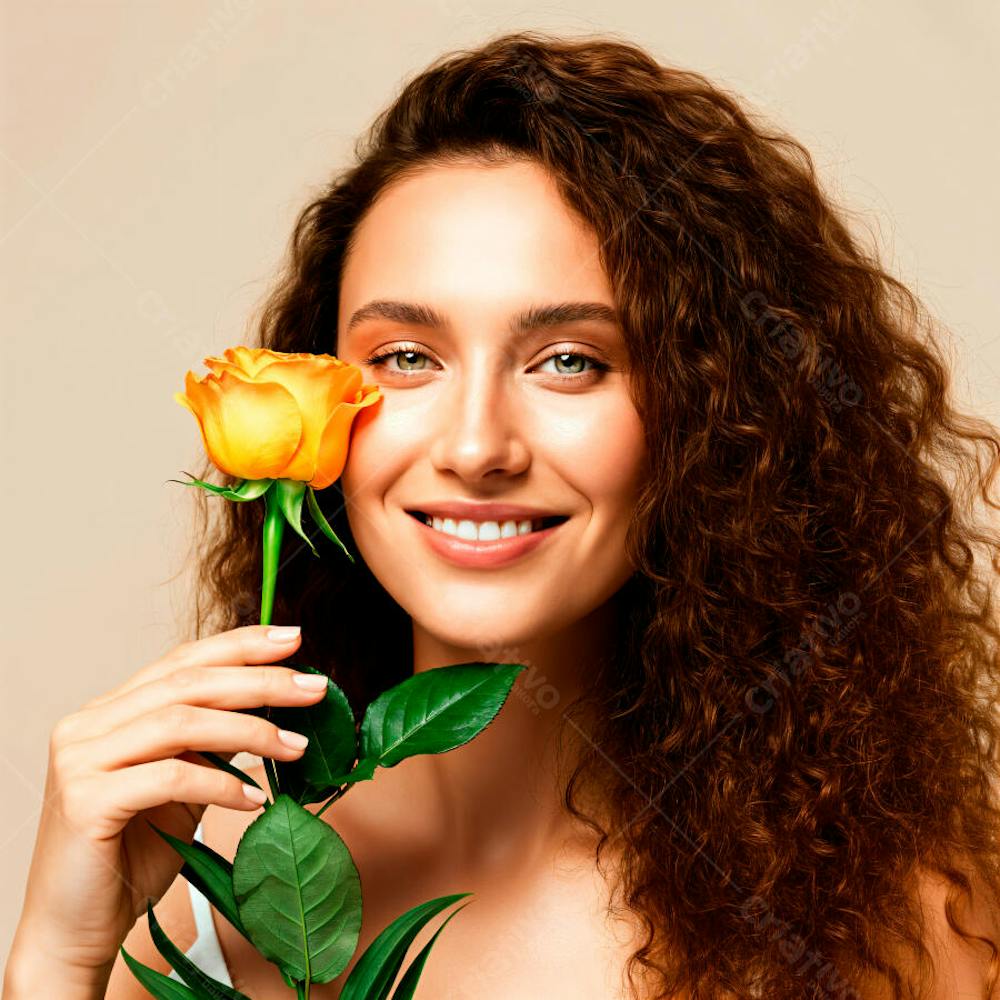 Jovem mulher feliz com uma linda flor 