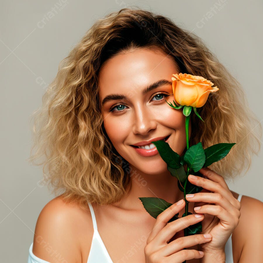 Mulher sorridente segurando rosa laranja