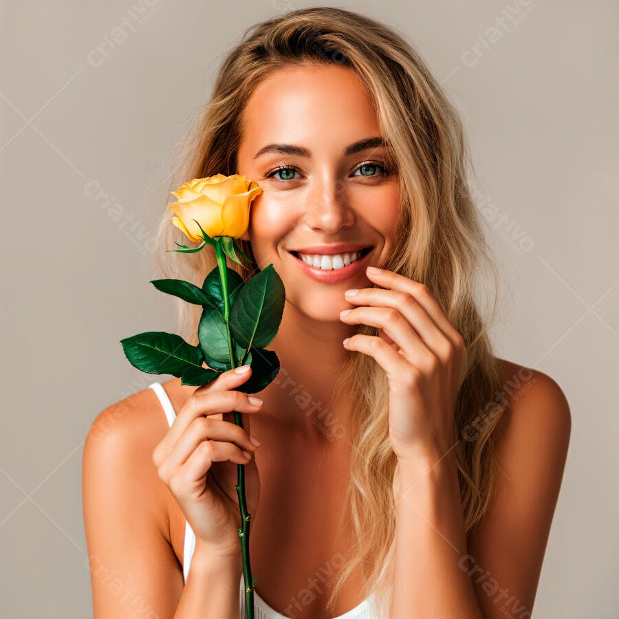 Mulher loira sorridente segurando rosa amarela