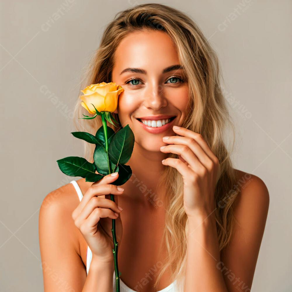 Jovem mulher feliz com uma linda flor 