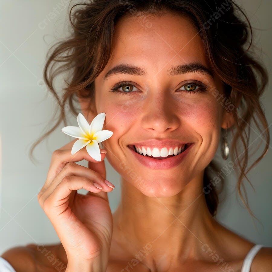 Mulher sorrindo com flor branca