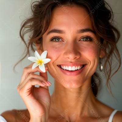 Jovem mulher feliz com uma linda flor 