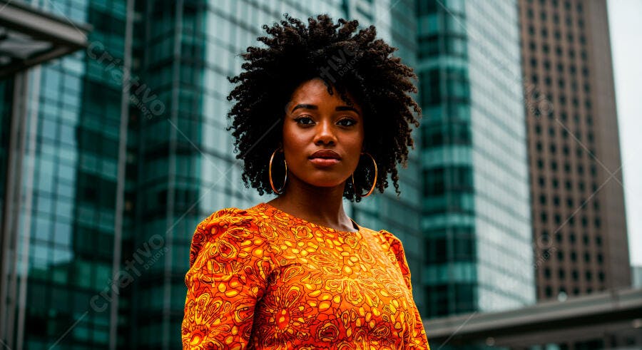 Mulher negra em vestido laranja em cidade