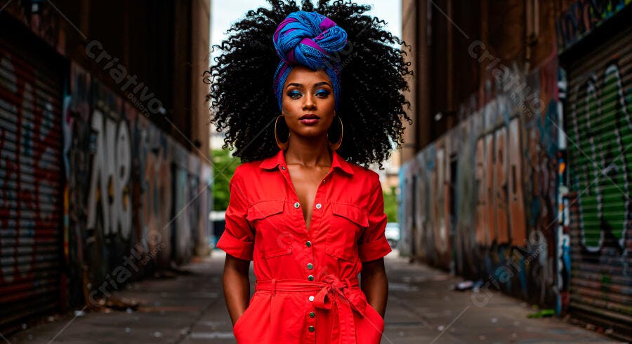 Mulher negra em macacão vermelho com turbante