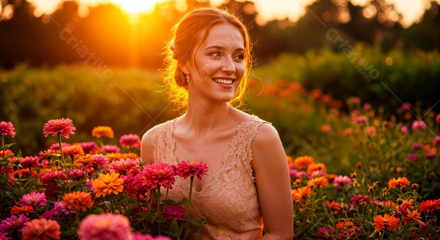 Mulher sorrindo em jardim ao pôr do sol