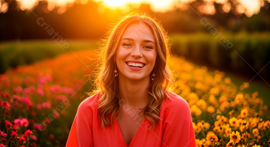 Mulher sorrindo em jardim ao pôr do sol