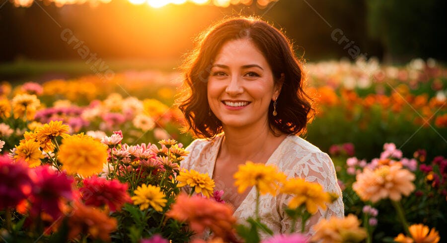 Mulher sorrindo em jardim florido ao entardecer
