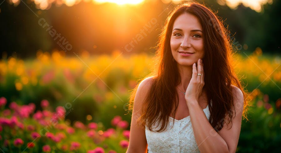 Mulher sorrindo em campo de flores ao pôr do sol