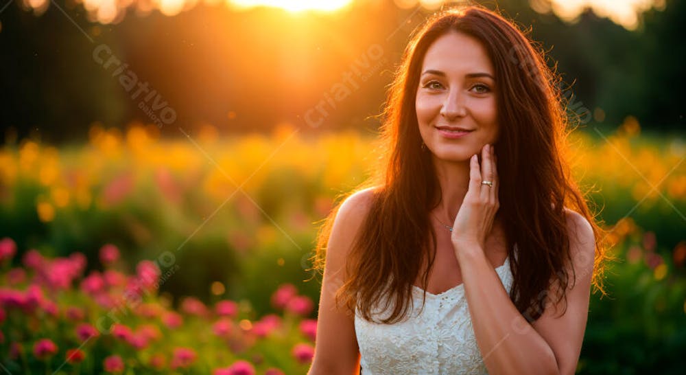 Mulher feliz em um jardim de flores 