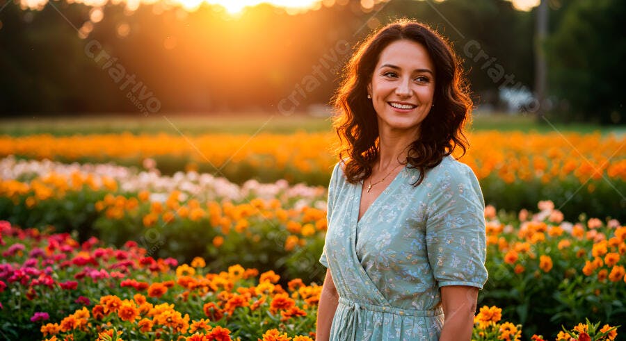 Mulher sorrindo em jardim florido ao entardecer