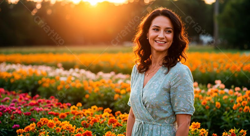Mulher feliz em um jardim de flores 