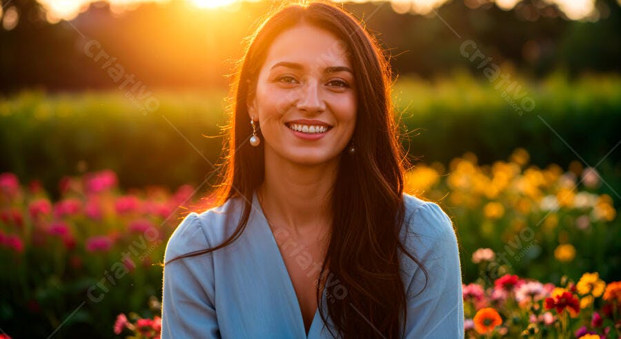 Mulher sorrindo em jardim ao entardecer