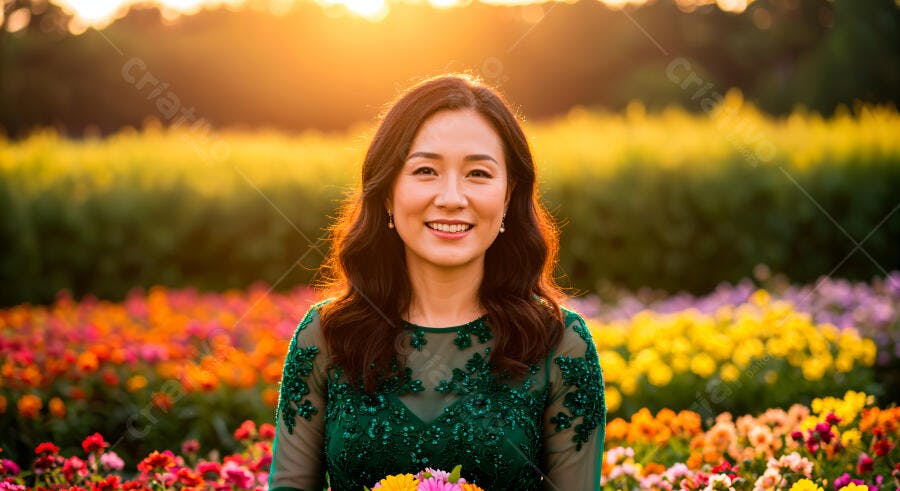 Mulher asiática sorridente em jardim florido ao entardecer