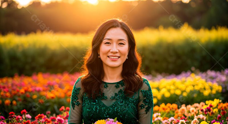 Mulher feliz em um jardim de flores 