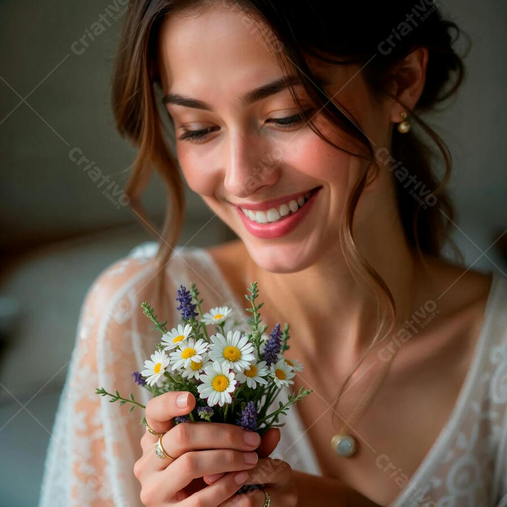 Mulher feliz com um pequeno buquê de flores