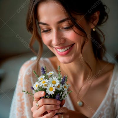Mulher feliz com um pequeno buquê de flores