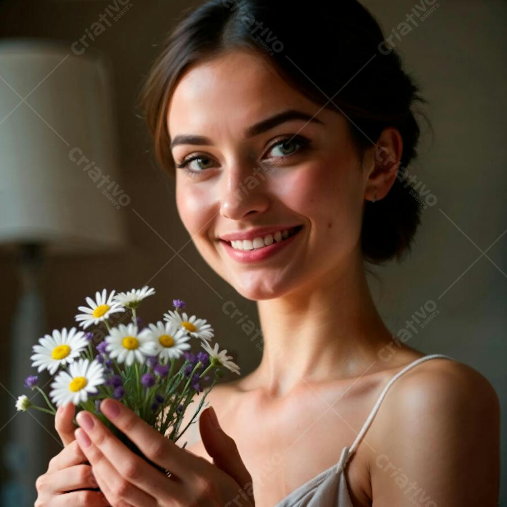 Mulher feliz com um pequeno buquê de flores