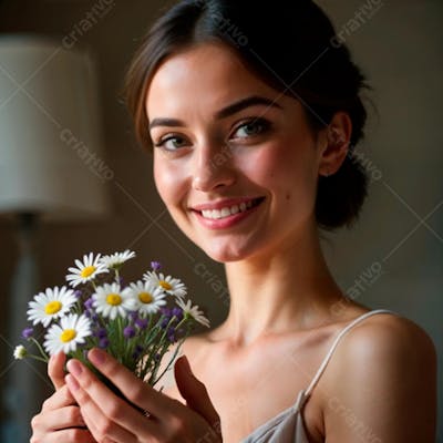 Mulher feliz com um pequeno buquê de flores