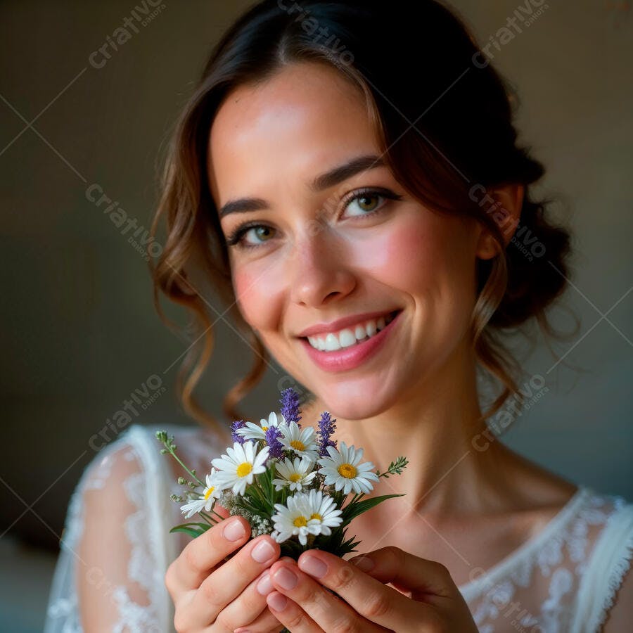 Noiva sorridente segurando buquê de margaridas
