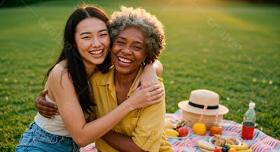 Duas mulheres se abraçando em um piquenique