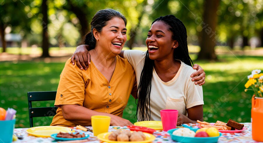 Amigas sorrindo em piquenique ao ar livre