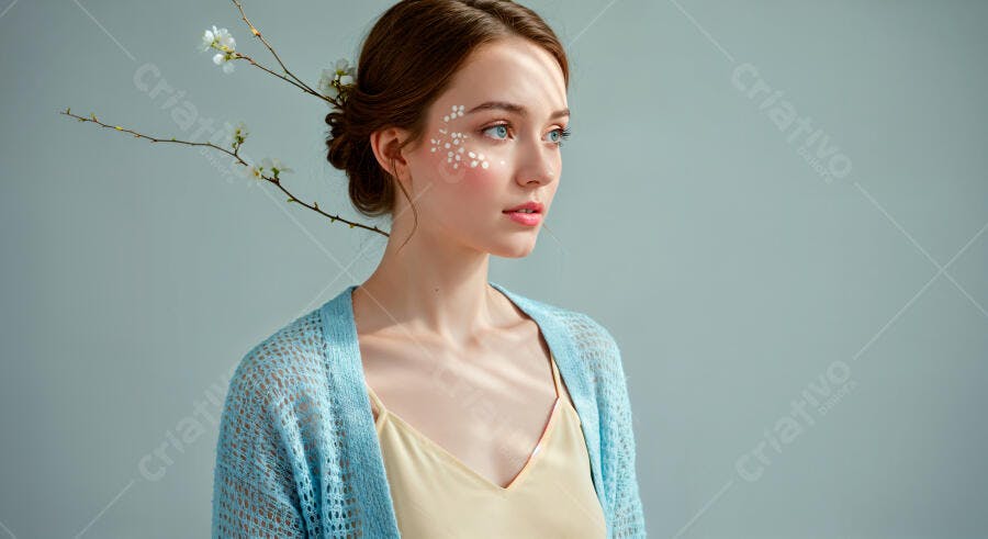 Mulher jovem com flores na maquiagem primavera